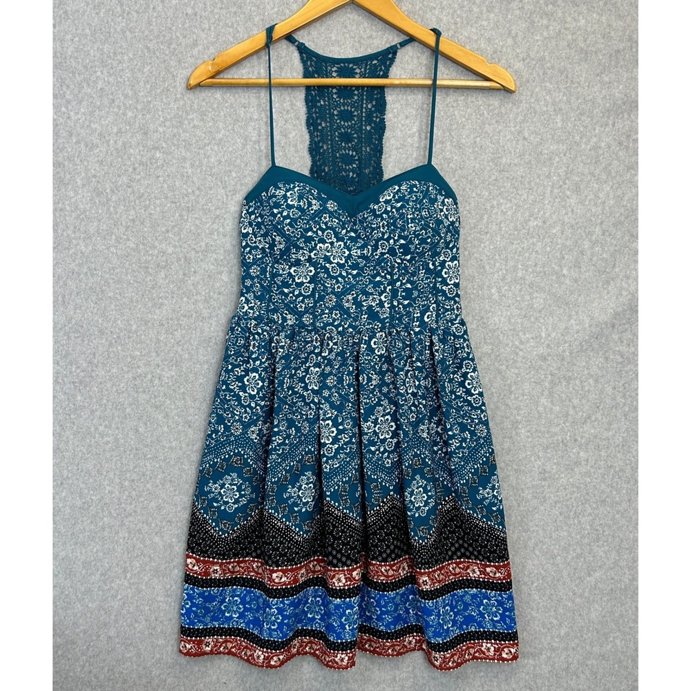Boho Mini Tank Dress Teal Floral Pockets Crochet Lace Racerback Xhilaration XS
